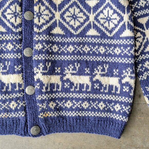 Vintage Norway Design Handknit Blue White Fair Isle Moose Wool Cardigan Sweater - Picture 3 of 10